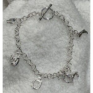 Cowgirl Charm Bracelet Southwest Style Silvertone Womens Toggle Western 8in